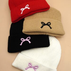 SOFT RIBBED KNIT BOW ACCENT BEANIES HAT