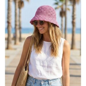Women's Hand Crochet Clothe Straw Solid Color Bucket Hat